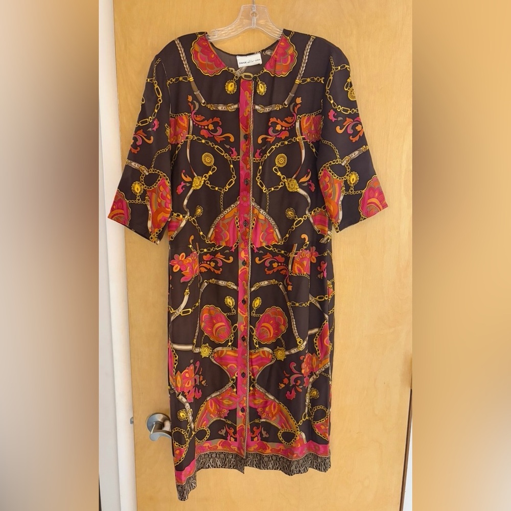 Black and Pink Chain-Print Button Front Dress